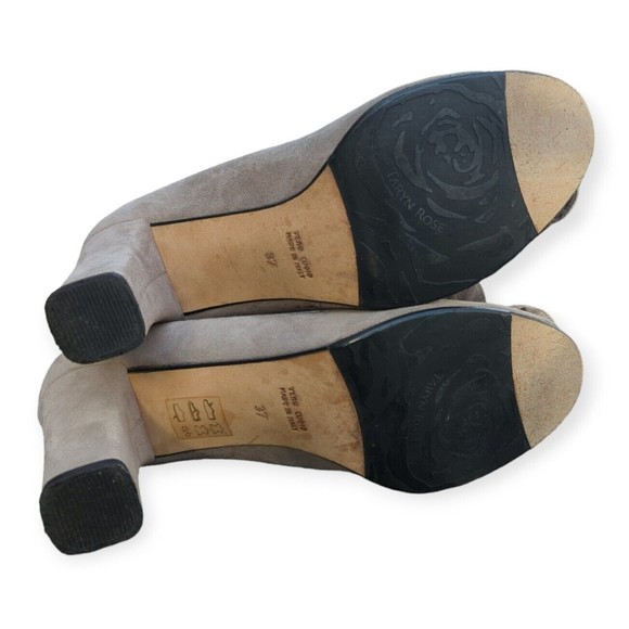 Taryn Rose Gray Flower Suede Pumps Peep Toe Chunky Heel Leather Rose Heels 37 - Picture 7 of 11